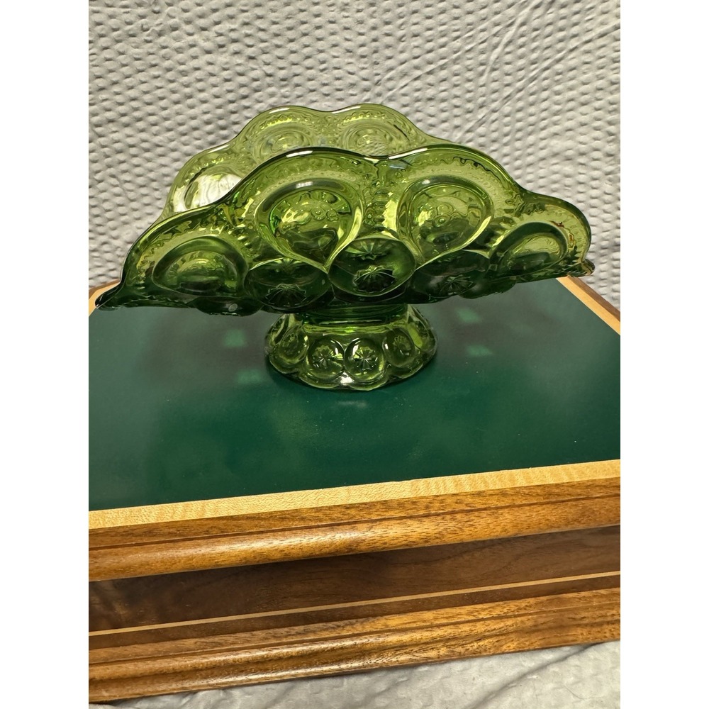 Vintage L.E. Smith Moon & Stars Green Glass Footed Banana Boat Dish 1970's 9x5